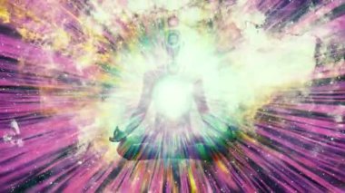 Refah, yoga ve ruhani temalarda tasarım için meditasyon ve maneviyat kavramı. Görünür çakraları olan bir meditasyon figürünün canlandırılmış videosu tahta zeminde gerçeküstü bir arka planda..