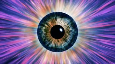 Dinamik psikedelik görselleri olan ayrıntılı iris. Soyut göz konseptiyle hareketli grafikler videosu. Yaratıcı tasarım projeleri için renkli dijital animasyon. Kusursuz döngü