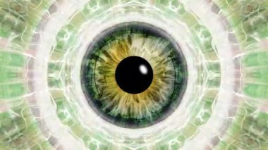 Dinamik psikedelik görselleri olan ayrıntılı iris. Soyut göz konseptiyle hareketli grafikler videosu. Yaratıcı tasarım projeleri için renkli dijital animasyon. Kusursuz döngü
