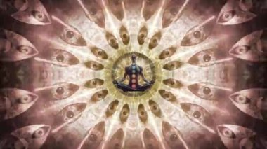 Refah, yoga ve ruhani temalarda tasarım için meditasyon ve maneviyat kavramı. Görünür çakraları olan bir meditasyon figürünün canlandırılmış videosu tahta zeminde gerçeküstü bir arka planda..