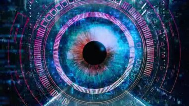 Gelişmiş biyometrik doğrulama sistemine sahip ileri teknoloji dijital iris tarayıcısı. Siber güvenlik ve teknoloji temalı afişler ve afişler için ideal