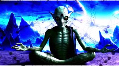 Uzaylı figürü üçüncü gözünden yayılan kozmik enerjiyle meditasyon yapıyor, gerçeküstü, dünya dışı bir manzaraya karşı hazırlanıyor..
