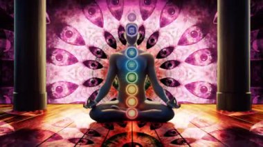 Refah, yoga ve ruhani temalarda tasarım için meditasyon ve maneviyat kavramı. Görünür çakraları olan bir meditasyon figürünün canlandırılmış videosu tahta zeminde gerçeküstü bir arka planda..