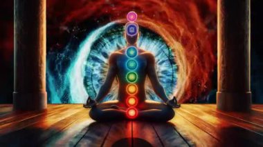 Refah, yoga ve ruhani temalarda tasarım için meditasyon ve maneviyat kavramı. Görünür çakraları olan bir meditasyon figürünün canlandırılmış videosu tahta zeminde gerçeküstü bir arka planda..