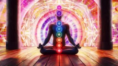 Refah, yoga ve ruhani temalarda tasarım için meditasyon ve maneviyat kavramı. Görünür çakraları olan bir meditasyon figürünün canlandırılmış videosu tahta zeminde gerçeküstü bir arka planda..