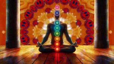 Refah, yoga ve ruhani temalarda tasarım için meditasyon ve maneviyat kavramı. Görünür çakraları olan bir meditasyon figürünün canlandırılmış videosu tahta zeminde gerçeküstü bir arka planda..