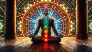 Refah, yoga ve ruhani temalarda tasarım için meditasyon ve maneviyat kavramı. Görünür çakraları olan bir meditasyon figürünün canlandırılmış videosu tahta zeminde gerçeküstü bir arka planda..