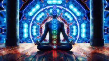 Refah, yoga ve ruhani temalarda tasarım için meditasyon ve maneviyat kavramı. Görünür çakraları olan bir meditasyon figürünün canlandırılmış videosu tahta zeminde gerçeküstü bir arka planda..