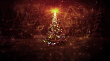 Noel ağacı şenlikli bir arka planda parçacıklarla döner. Noel temalı selamlamalar için hareketli grafik sekansı.