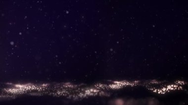 Çok renkli parçacıklar soyut bir sırayla koyu siyah bir zemin üzerinde uçuyor, ışıktan yansıyan güzel bir yansıma, bokeh ve odak dışı parıltı.