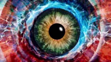 Dinamik psikedelik görselleri olan ayrıntılı iris. Soyut göz konseptiyle hareketli grafikler videosu. Yaratıcı tasarım projeleri için renkli dijital animasyon. Kusursuz döngü