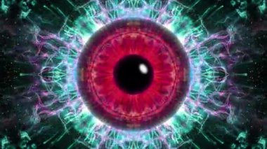 Dinamik psikedelik görselleri olan ayrıntılı iris. Soyut göz konseptiyle hareketli grafikler videosu. Yaratıcı tasarım projeleri için renkli dijital animasyon. Kusursuz döngü
