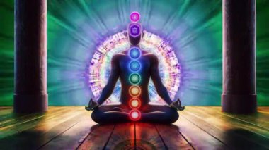 Refah, yoga ve ruhani temalarda tasarım için meditasyon ve maneviyat kavramı. Görünür çakraları olan bir meditasyon figürünün canlandırılmış videosu tahta zeminde gerçeküstü bir arka planda..