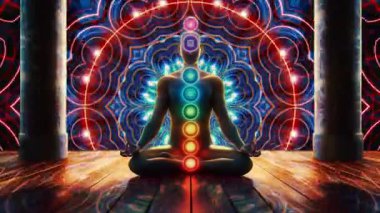 Refah, yoga ve ruhani temalarda tasarım için meditasyon ve maneviyat kavramı. Görünür çakraları olan bir meditasyon figürünün canlandırılmış videosu tahta zeminde gerçeküstü bir arka planda..