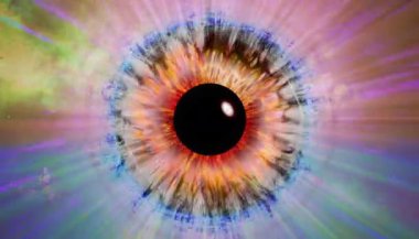 Dinamik psikedelik görselleri olan ayrıntılı iris. Soyut göz konseptiyle hareketli grafikler videosu. Yaratıcı tasarım projeleri için renkli dijital animasyon. Kusursuz döngü