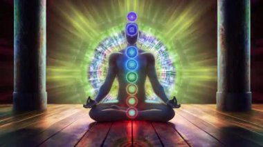 Refah, yoga ve ruhani temalarda tasarım için meditasyon ve maneviyat kavramı. Görünür çakraları olan bir meditasyon figürünün canlandırılmış videosu tahta zeminde gerçeküstü bir arka planda..