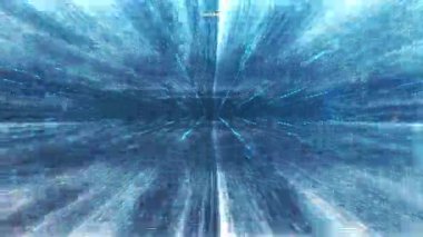 Karanlık uzayda parlayan parçacıkların olduğu dijital tünelin CGI uçuşu. Engelleme zinciri veya veri aktarım kavramı