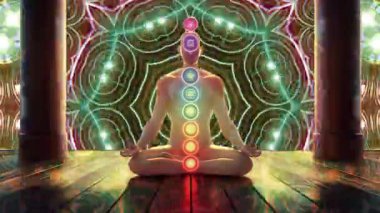 Refah, yoga ve ruhani temalarda tasarım için meditasyon ve maneviyat kavramı. Görünür çakraları olan bir meditasyon figürünün canlandırılmış videosu tahta zeminde gerçeküstü bir arka planda..