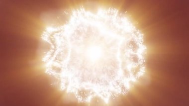 Yüksek enerjili bir şok dalgası, parlak, parlak parçacıklar ve karanlık, dramatik bir arkaplan karşısında ışık yollarıyla dışa doğru yayılır..