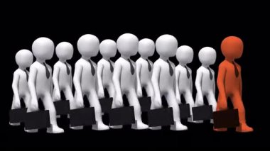 3D iş adamı figürleri, bir turuncu figürle aynı hizada yürüyor, iş dünyasındaki liderliği, bireyselliği ve benzersizliği simgeliyor..