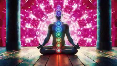 Refah, yoga ve ruhani temalarda tasarım için meditasyon ve maneviyat kavramı. Görünür çakraları olan bir meditasyon figürünün canlandırılmış videosu tahta zeminde gerçeküstü bir arka planda..