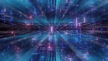Karanlık uzayda parlayan parçacıkların olduğu dijital tünelin CGI uçuşu. Engelleme zinciri veya veri aktarım kavramı