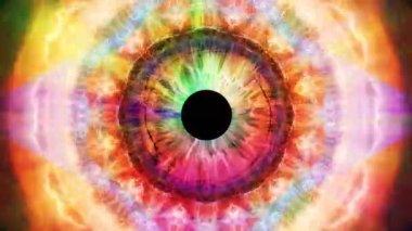 Dinamik psikedelik görselleri olan ayrıntılı iris. Soyut göz konseptiyle hareketli grafikler videosu. Yaratıcı tasarım projeleri için renkli dijital animasyon. Kusursuz döngü