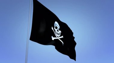 Mavi gökyüzüne doğru sallanan kafatasları ve çapraz kemikleri olan klasik bir siyah korsan bayrağının gerçekçi 4K animasyonu. Korsan temalı içerik, macera oyunları, denizcilik tanıtımları, Cadılar Bayramı videoları veya eğitim tarihi materyalleri için harika.