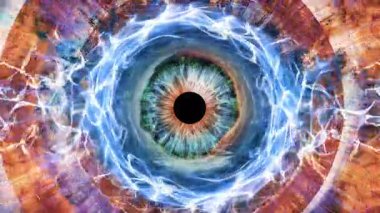 Dinamik psikedelik görselleri olan ayrıntılı iris. Soyut göz konseptiyle hareketli grafikler videosu. Yaratıcı tasarım projeleri için renkli dijital animasyon. Kusursuz döngü