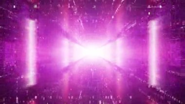 Karanlık uzayda parlayan parçacıkların olduğu dijital tünelin CGI uçuşu. Engelleme zinciri veya veri aktarım kavramı