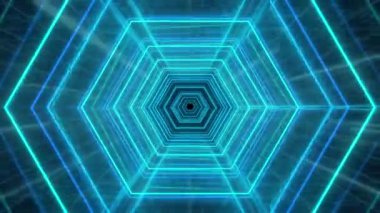 Karanlık uzayda parlayan parçacıkların olduğu dijital tünelin CGI uçuşu. Engelleme zinciri veya veri aktarım kavramı