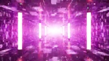 Karanlık uzayda parlayan parçacıkların olduğu dijital tünelin CGI uçuşu. Engelleme zinciri veya veri aktarım kavramı