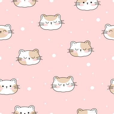 Pembe pastel arka planda sevimli kedi yüzleri olan kusursuz desen çiz Doodle çizgi film stili