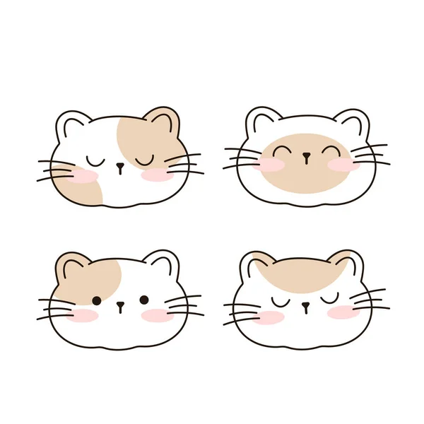 Tekenen Leuke Katten Gezichten Wenskaart Kawaii Ontwerp Doodle Cartoon Stijl — Stockvector