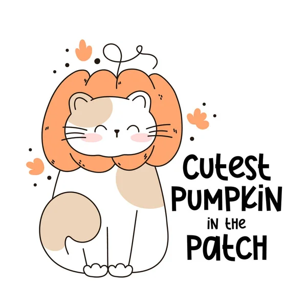 Narysuj Zabawny Kot Kapeluszu Dyni Kawaii Kot Dyni Dziękczynienie Jesień — Wektor stockowy
