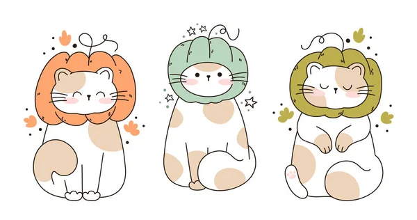 Narysuj Śmieszne Koty Siedząc Dyni Kawaii Kota Dyni Święto Dziękczynienia — Wektor stockowy