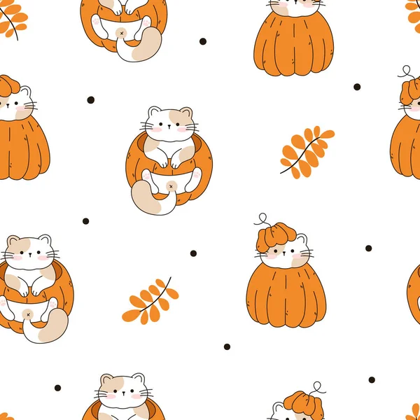用可爱的猫 秋天的感恩节和白色背景的南瓜 涂鸦卡通画无缝图案 — 图库矢量图片