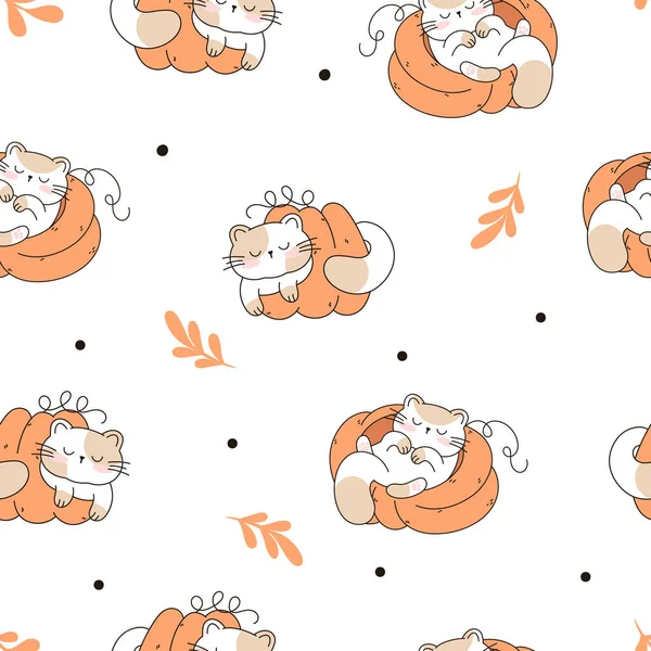 用可爱的猫 秋天的感恩节和白色背景的南瓜 涂鸦卡通画无缝图案 — 图库矢量图片