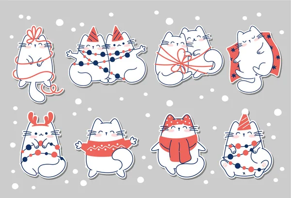 Малювати Смішні Наклейки Кішками Різдво Зиму Векторні Ілюстрації Колекції Персонажів — стоковий вектор