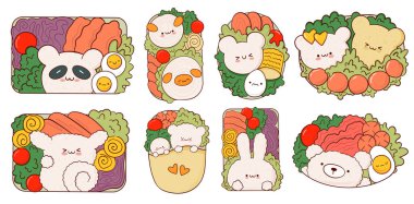 Komik bir kawaii bento kutusu çiz evde yemek hazırlama vektör çizimi. Japon geleneksel Asya yemekleri, yemek pişirme, menü konsepti. Çizgi film stili
