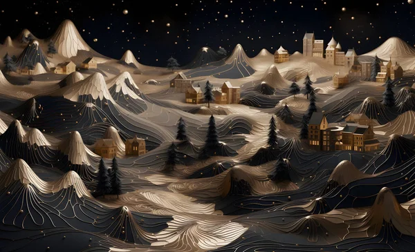 Fantasie Achtergrond Zwart Goud Fantastische Bergen Bossen Huizen Kerst Achtergrond — Stockfoto