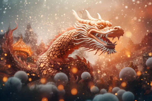 Dragon Cartoon Fantasie Illustratie Stijl Rood Goud Kleuren Chinees Jaar — Stockfoto
