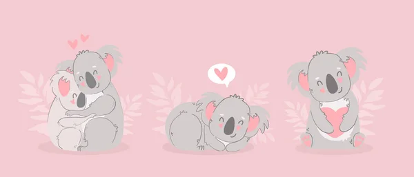 Cute Funny Cartoon Koala Love Animals Character Hearts Valentine Day — Stock Vector