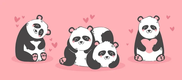 Linda Pareja Divertida Dibujos Animados Panda Amor Animales Carácter Con — Vector de stock