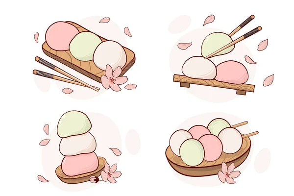 日本の伝統菓子餅大福団子ベクトルイラスト 日本の伝統的なアジア料理 メニューのコンセプト 落書き漫画のスタイル — ストックベクタ