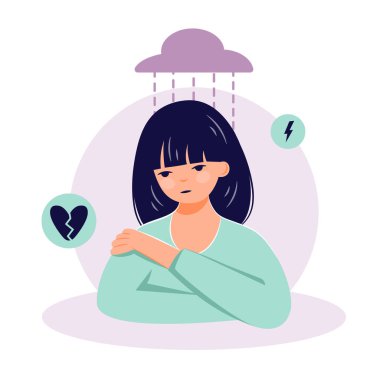 Depresyon kavramı. Düz karakterli kadın zihinsel hastalığı çizimi