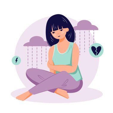 Depresyon kavramı. Düz karakterli kadın zihinsel hastalığı çizimi