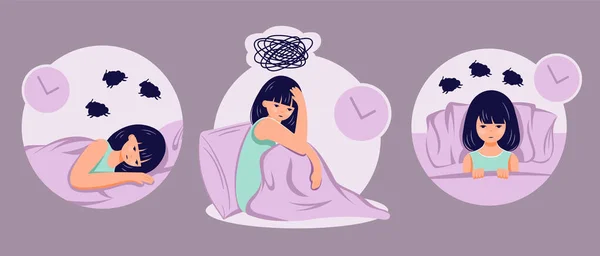 Trastorno Del Sueño Concepr Persona Femenina Sufren Insomnio Ilustración Plana — Vector de stock