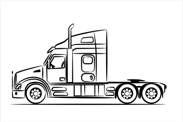 美国卡车没有拖车抽象轮廓白色背景 一个美国卡车的手绘 从侧面看矢量图解 — 图库矢量图片