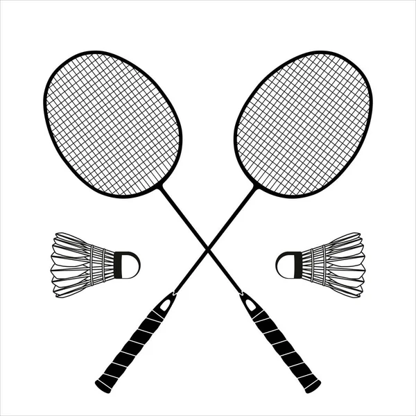 Flat Black Badminton Rackets Shuttlecock Black Silhouettes Vector Illustration Isolated — Stock Vector